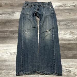 Levis 505 Dark Wash Blue Mens 33x30 Straight Leg Distressed Faded Jeans Red Tab